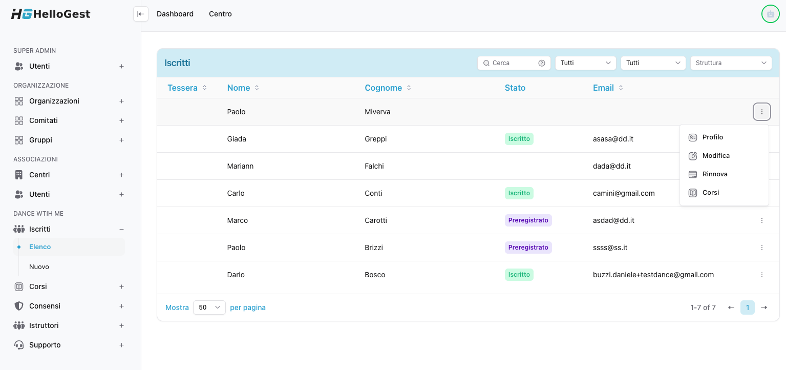 Dashboard HelloGest - Gestione Iscritti